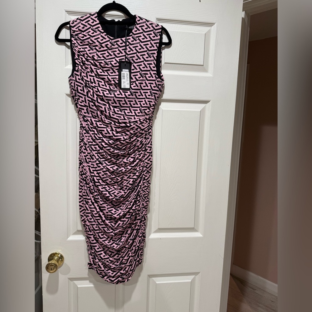 Versace midi ruched below the knee dress with signature design pink black